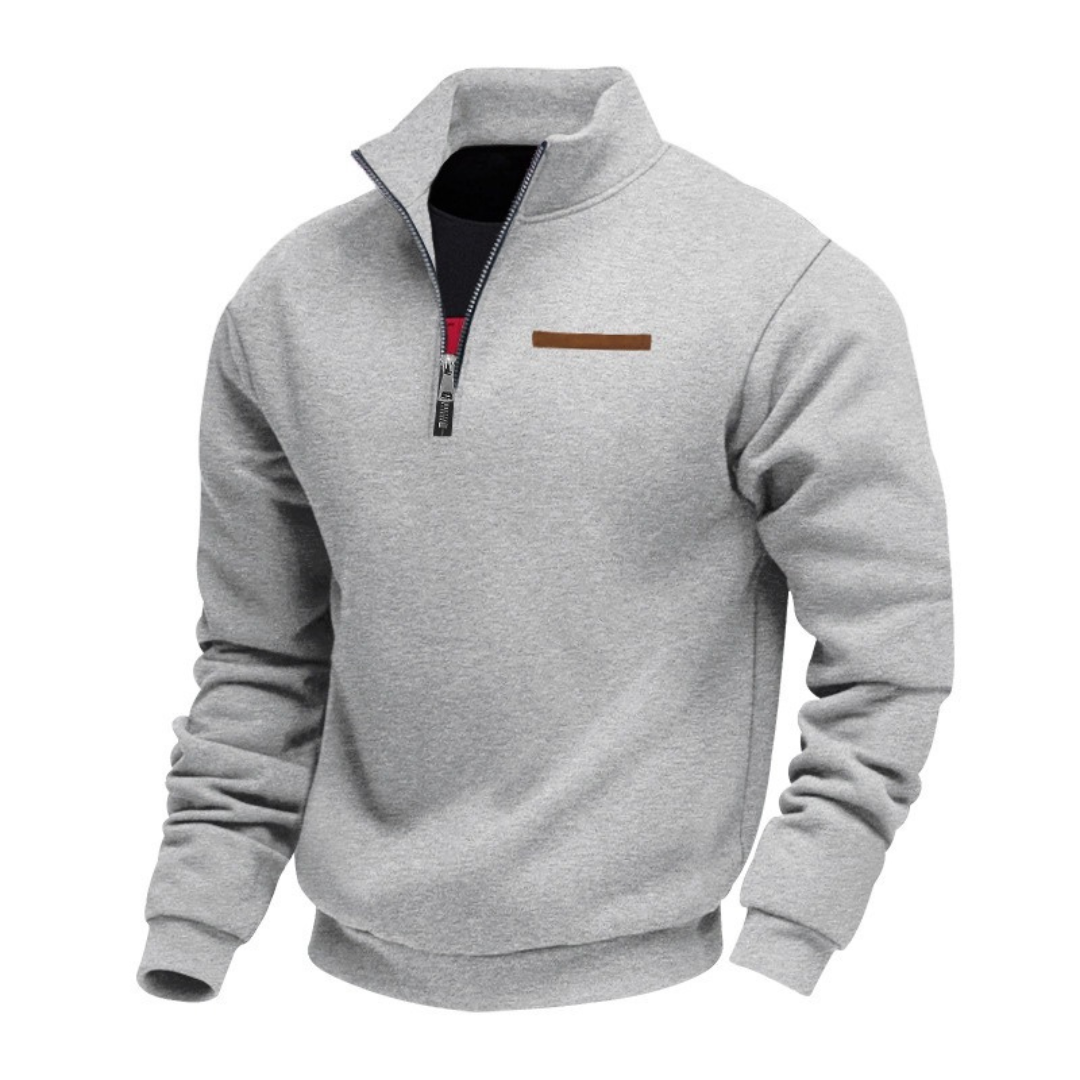 Herren Pullover mit Stehkragen – Halbreißverschluss, entspannter Schnitt, Brust-Patch