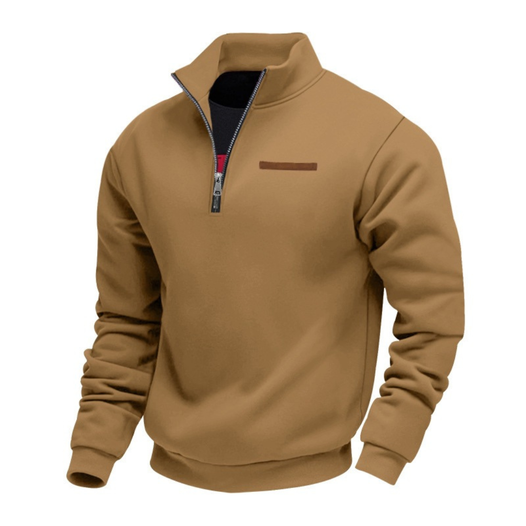 Herren Pullover mit Stehkragen – Halbreißverschluss, entspannter Schnitt, Brust-Patch
