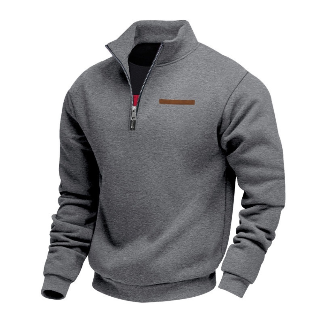Herren Pullover mit Stehkragen – Halbreißverschluss, entspannter Schnitt, Brust-Patch