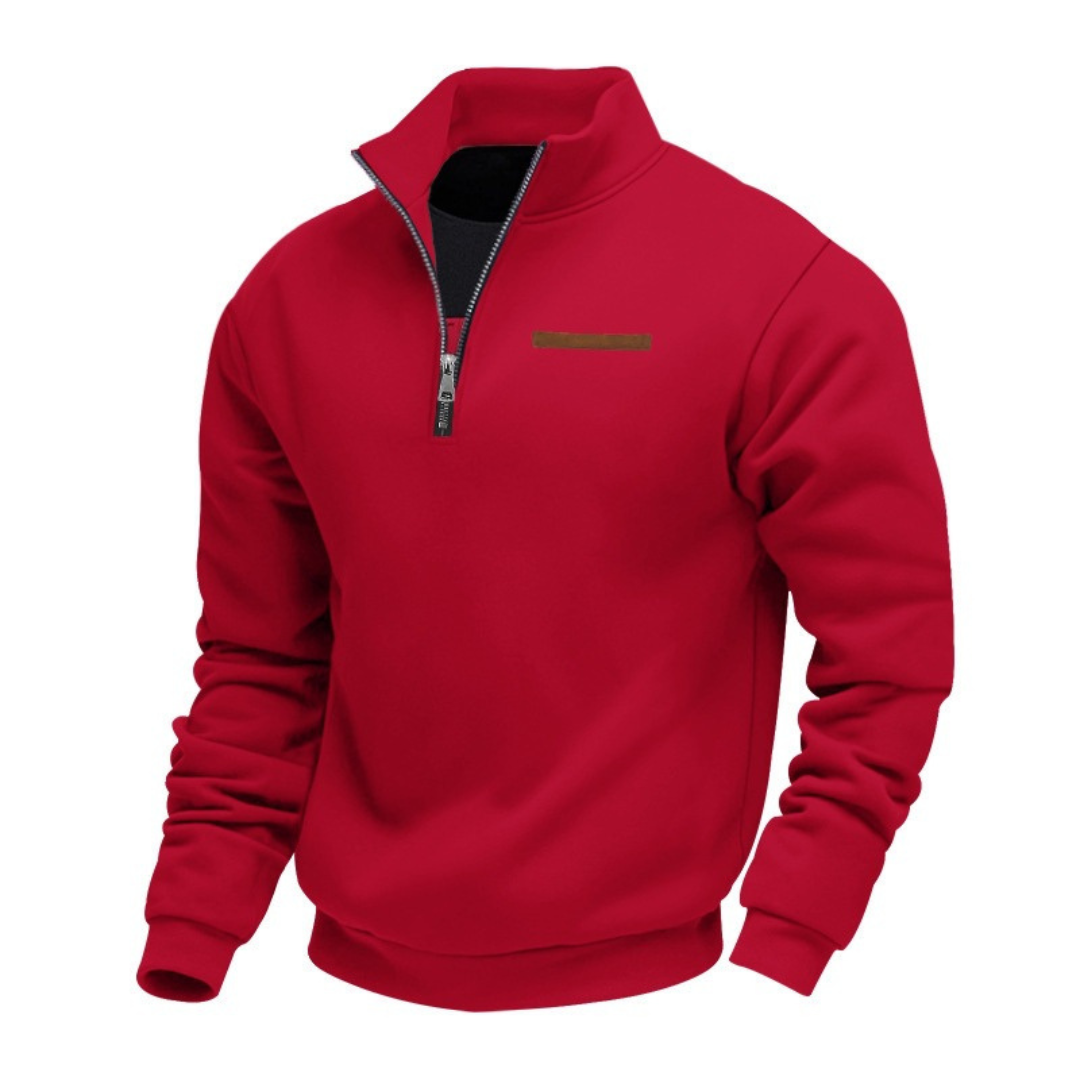 Herren Pullover mit Stehkragen – Halbreißverschluss, entspannter Schnitt, Brust-Patch