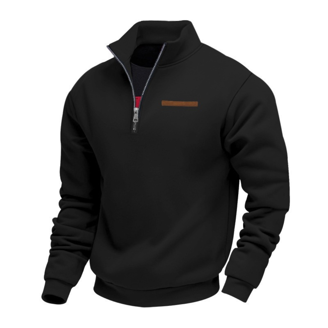 Herren Pullover mit Stehkragen – Halbreißverschluss, entspannter Schnitt, Brust-Patch