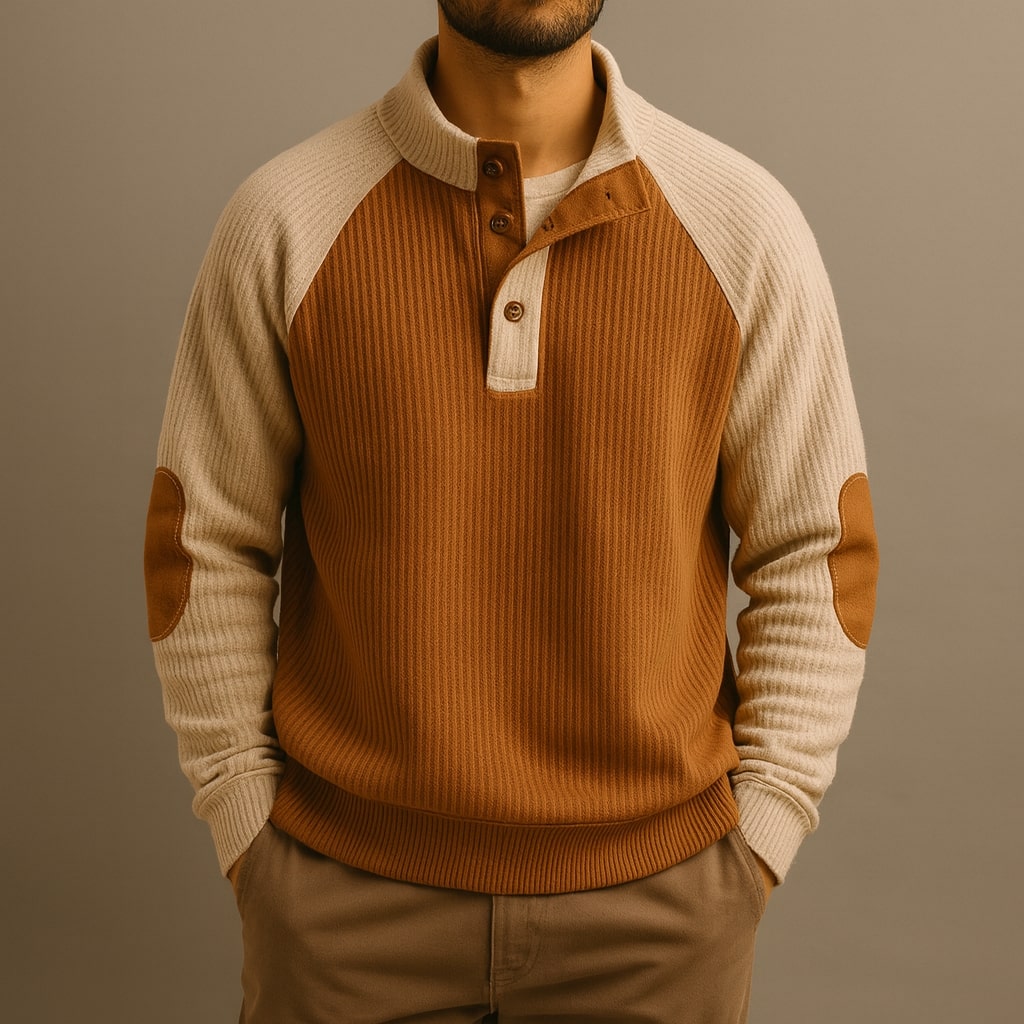 Herren Pullover mit Stehkragen, Knopfleiste und Raglanärmeln