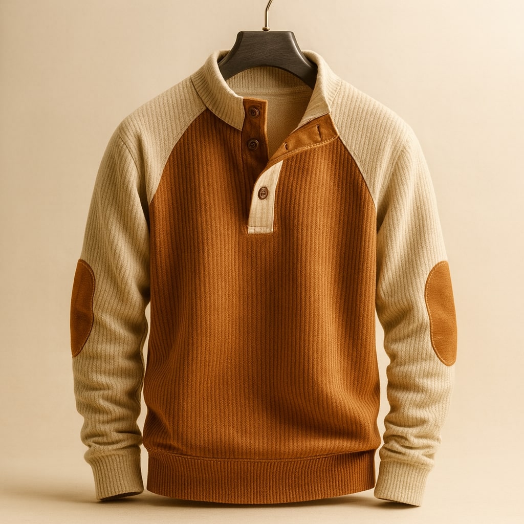 Herren Pullover mit Stehkragen, Knopfleiste und Raglanärmeln