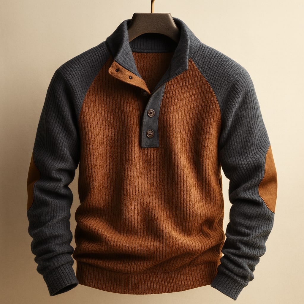 Herren Pullover mit Stehkragen, Knopfleiste und Raglanärmeln