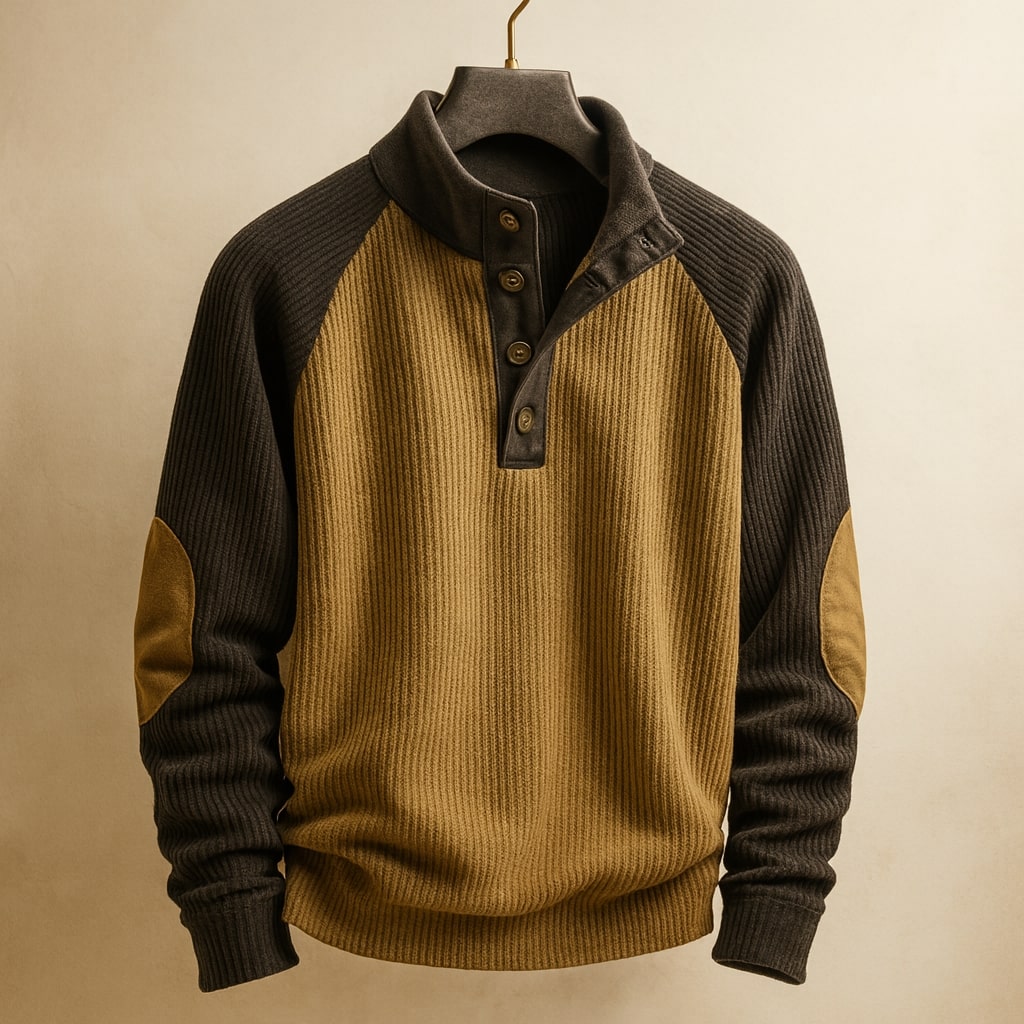 Herren Pullover mit Stehkragen, Knopfleiste und Raglanärmeln