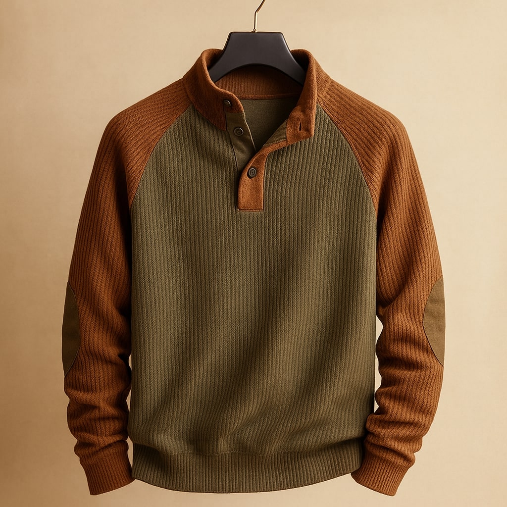 Herren Pullover mit Stehkragen, Knopfleiste und Raglanärmeln