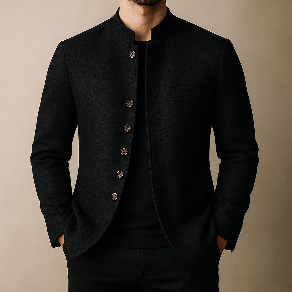 Herren Stehkragenjacke mit Knopfverschluss und Brusttasche