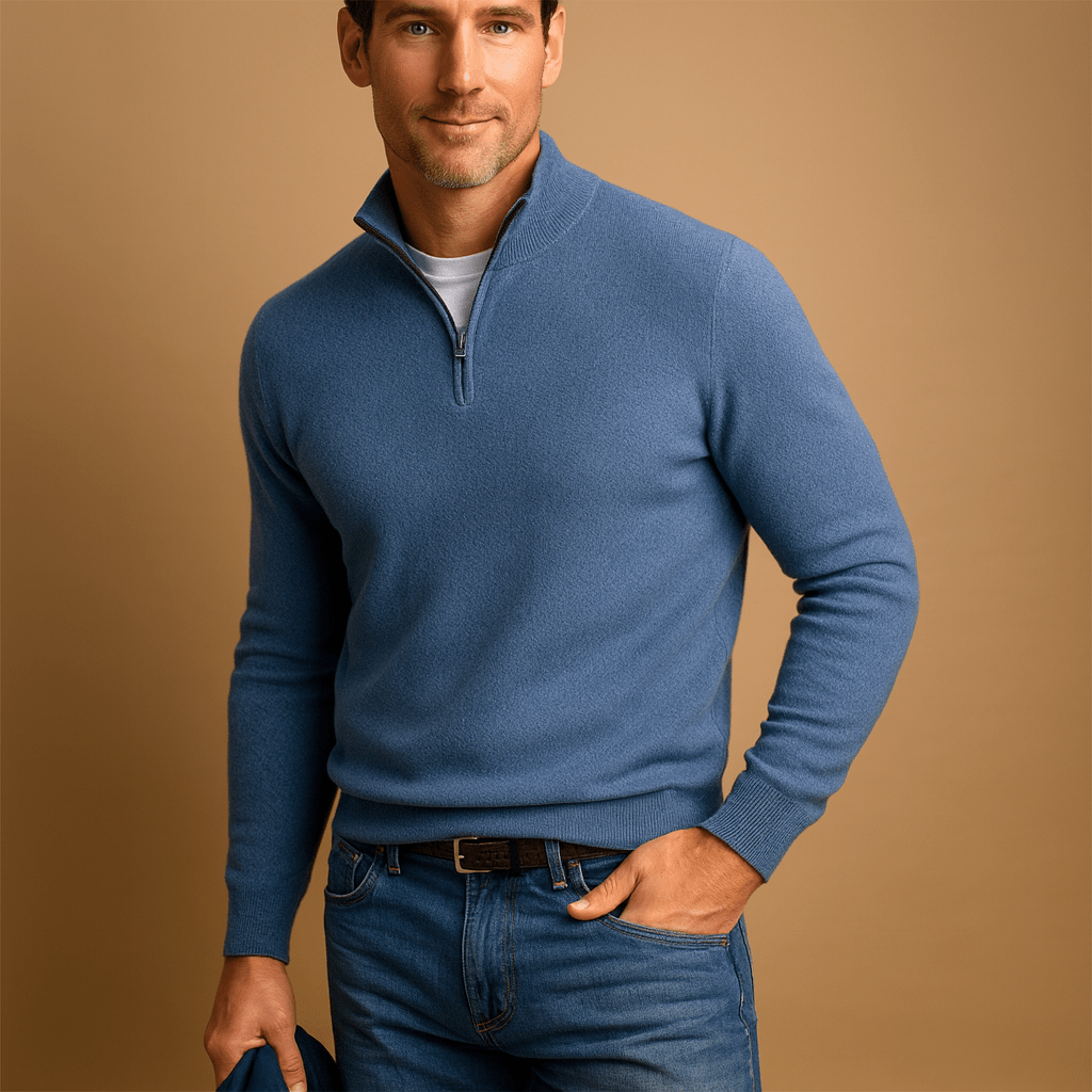 Herren Sweater mit halbem Reißverschluss - Mock-Kragen, lange Ärmel, lockere Passform