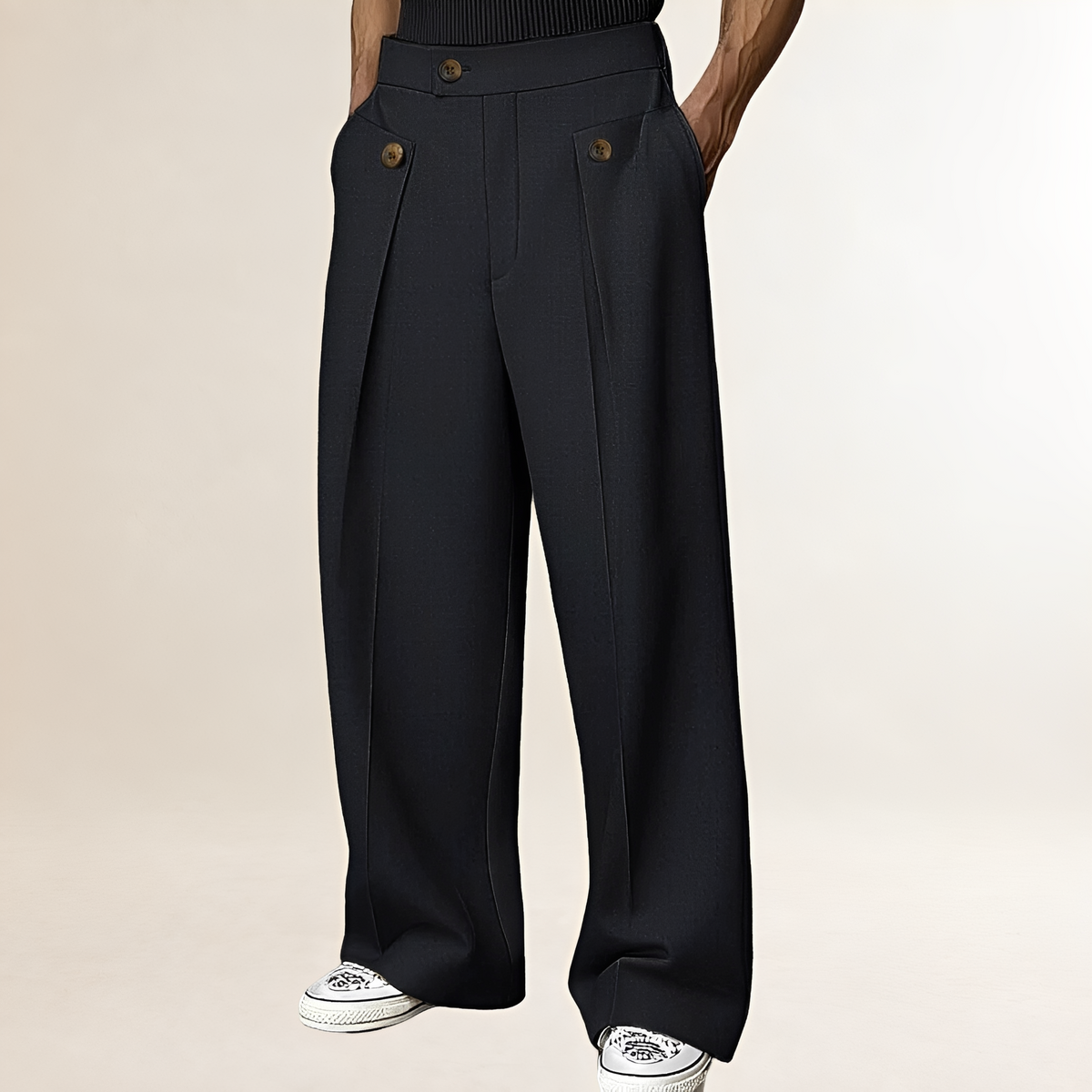 Herren Weite-Hose - Hoher Bund mit Knopfdetail und Falten, Lockere Passform