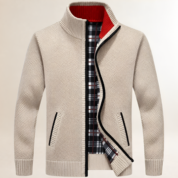 Herren Zip-Jacke mit Stehkragen, Reißverschluss vorn, kariertes Innenfutter, entspannter Schnitt