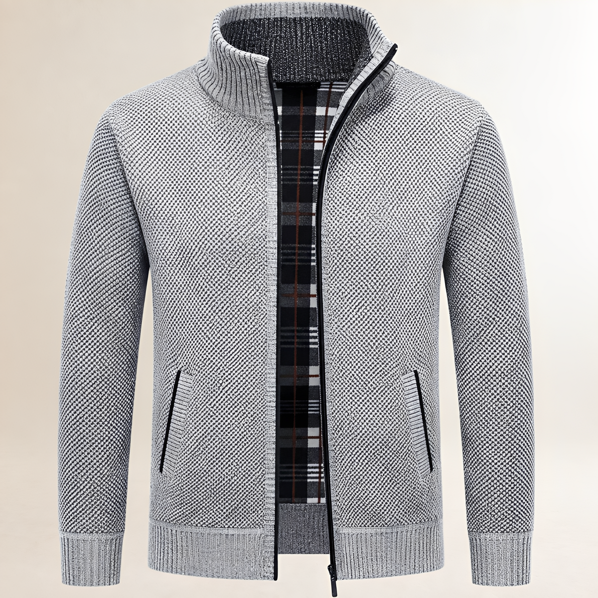 Herren Zip-Jacke mit Stehkragen, Reißverschluss vorn, kariertes Innenfutter, entspannter Schnitt