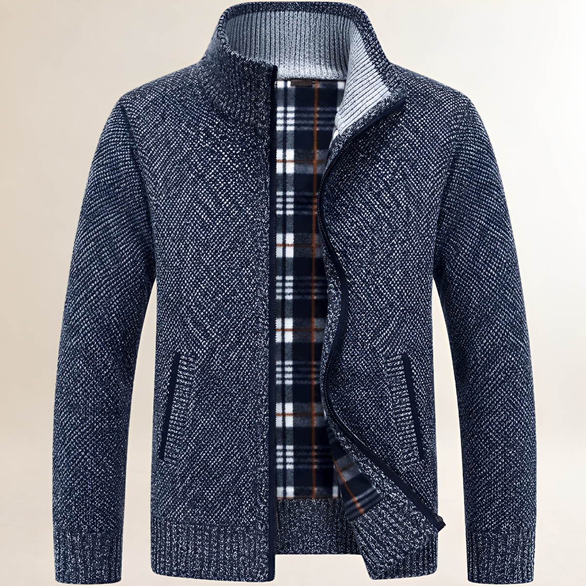Herren Zip-Jacke mit Stehkragen, Reißverschluss vorn, kariertes Innenfutter, entspannter Schnitt