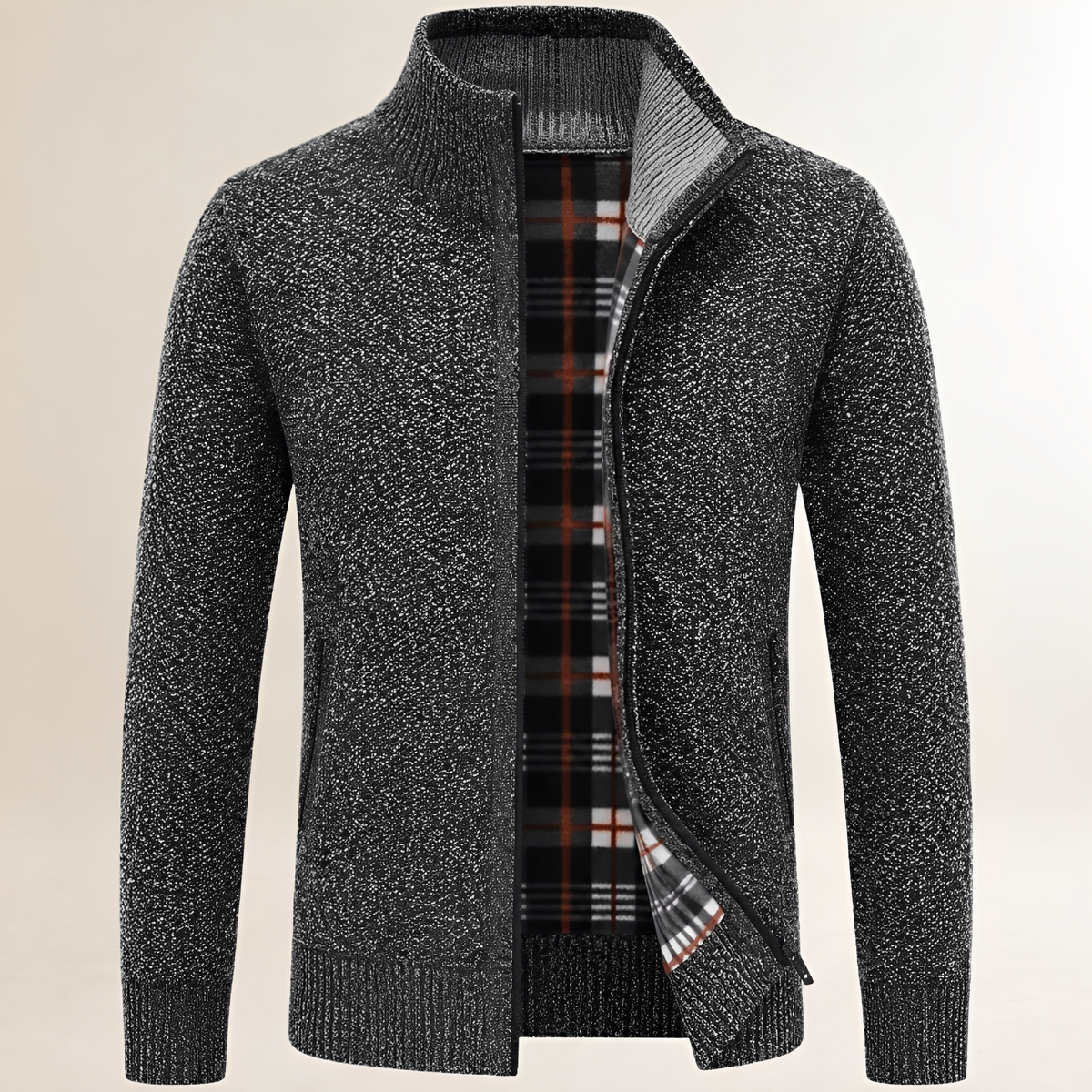 Herren Zip-Jacke mit Stehkragen, Reißverschluss vorn, kariertes Innenfutter, entspannter Schnitt