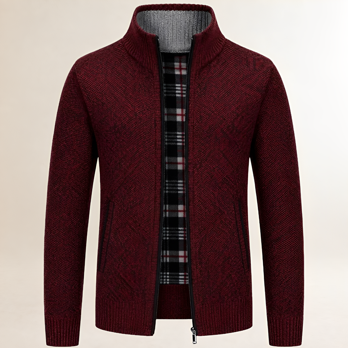 Herren Zip-Jacke mit Stehkragen, Reißverschluss vorn, kariertes Innenfutter, entspannter Schnitt