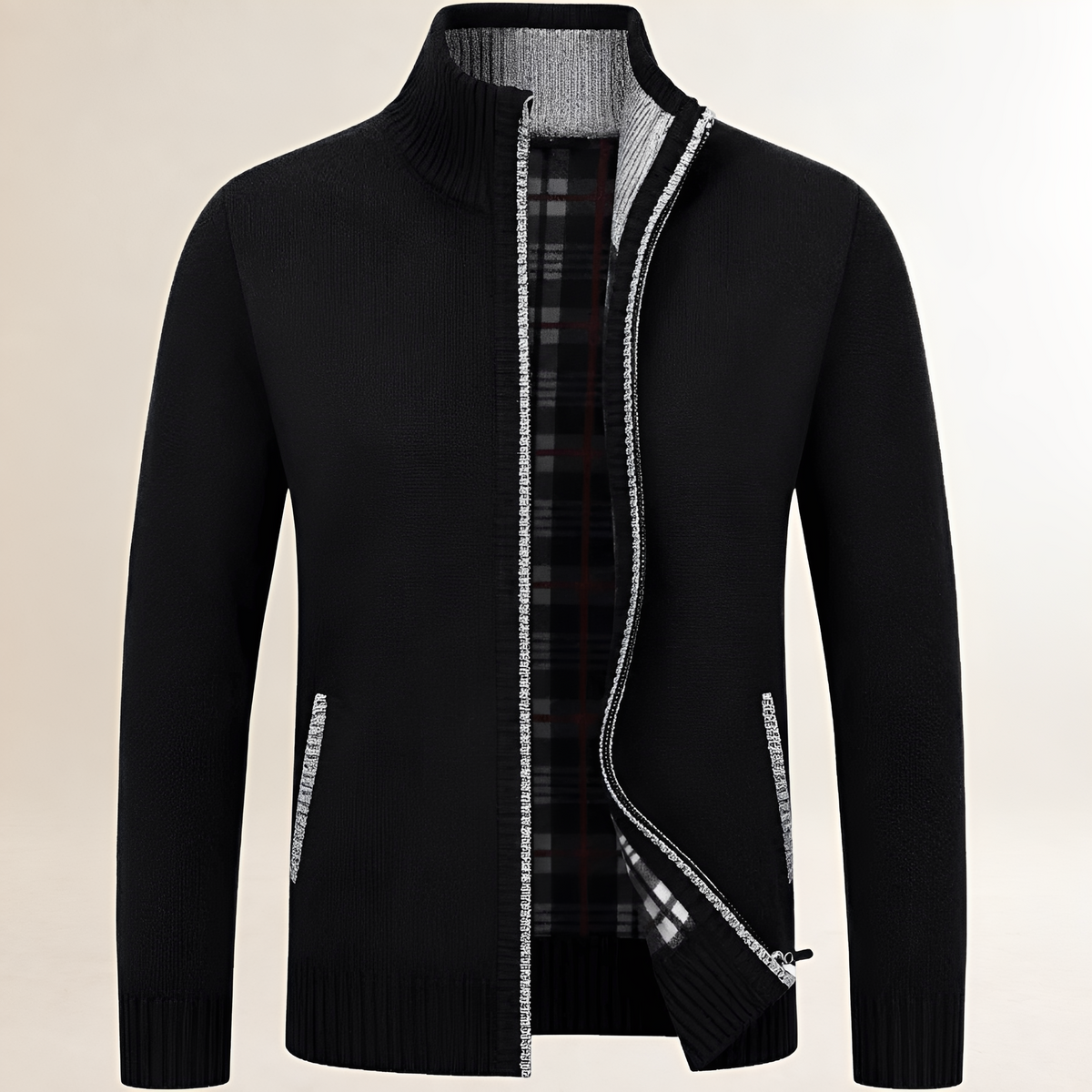 Herren Zip-Jacke mit Stehkragen, Reißverschluss vorn, kariertes Innenfutter, entspannter Schnitt