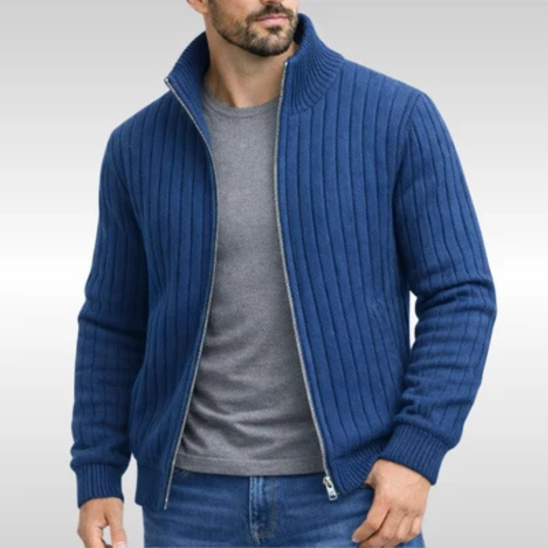 Herrenkardigan mit Vollreißverschluss und Stehkragen – Slim Fit, Rippenstruktur, mit Taschen
