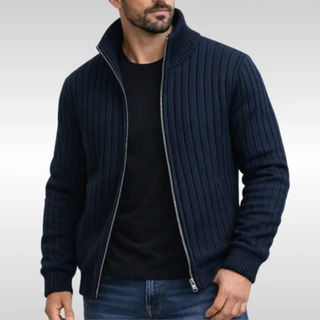 Herrenkardigan mit Vollreißverschluss und Stehkragen – Slim Fit, Rippenstruktur, mit Taschen