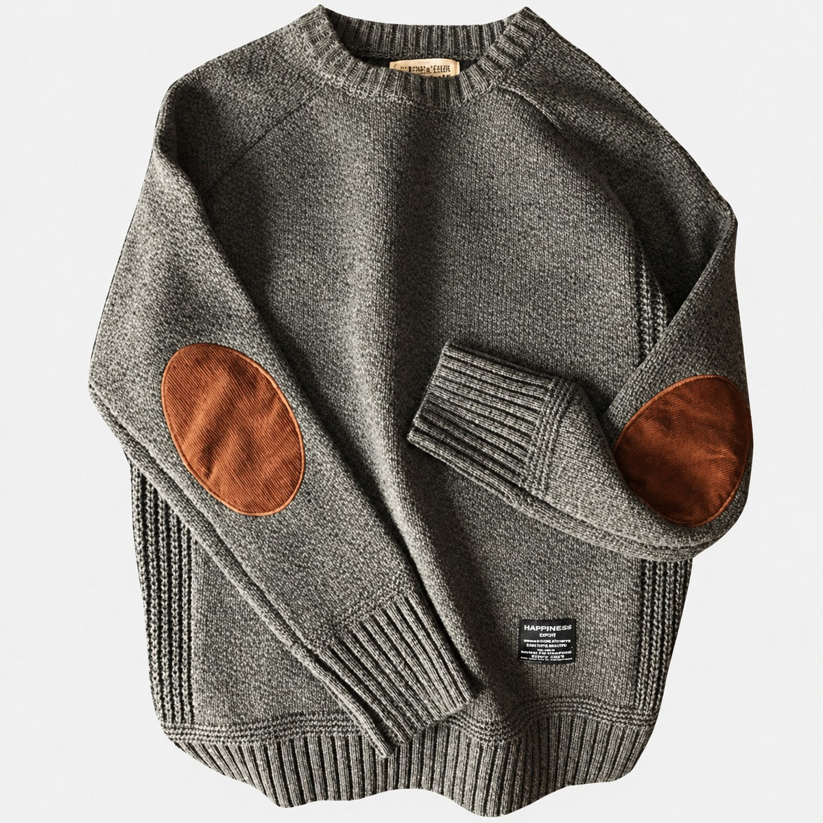 Herrensweater mit Ellenbogenpatches Rundhalsausschnitt Rippenbündchen