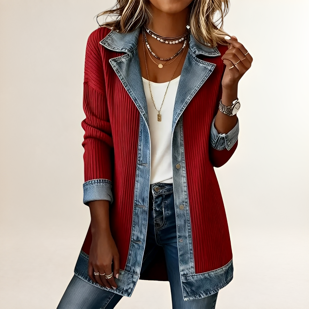 Jacke Damen Langgeschnittene Rippenstruktur mit Kontrast-Revers und Kontrastpaspeln am Frontverschluss und Saum - Lockerer Schnitt, Zwei Pattentaschen