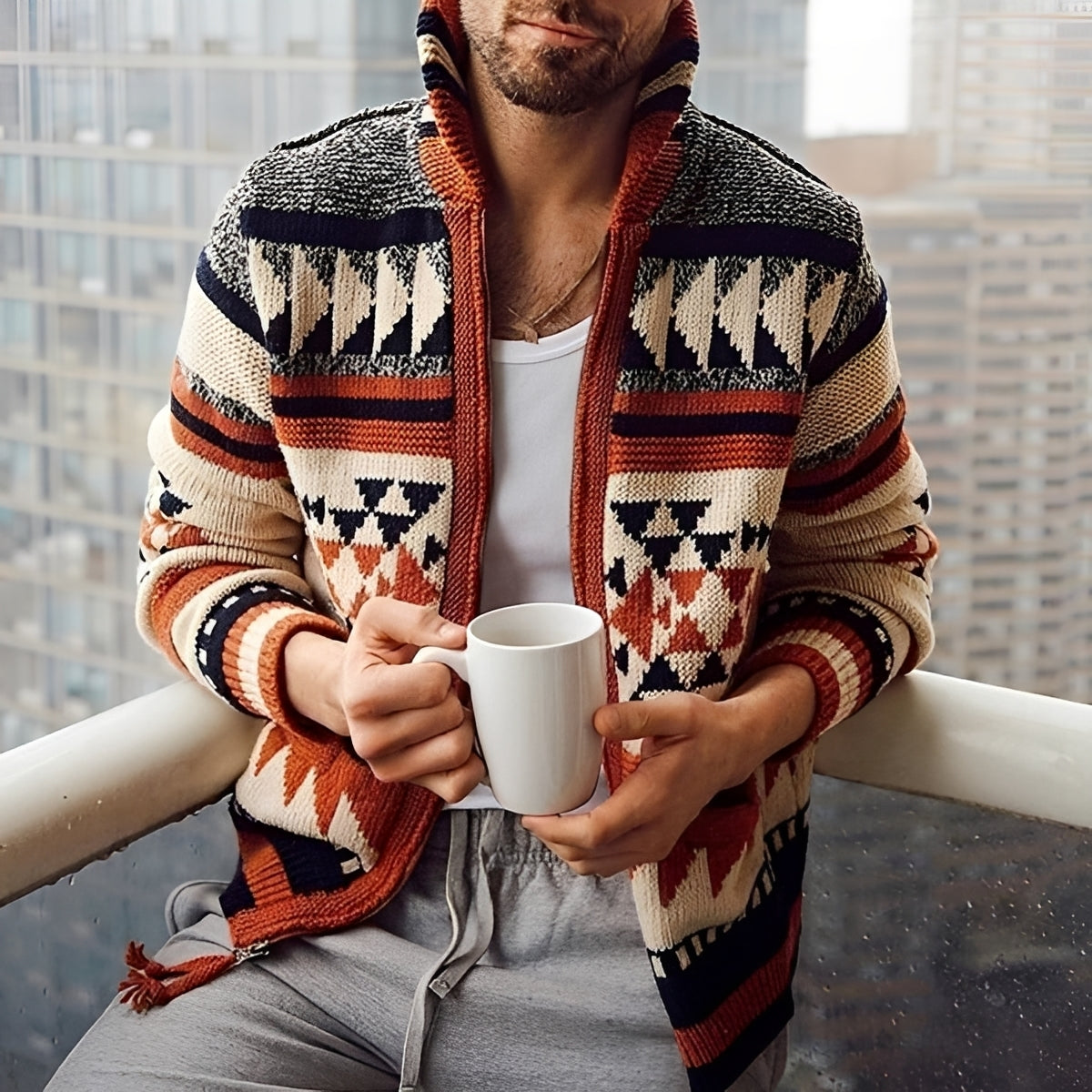 Männers Cardigan Sweater Jacke mit Reißverschluss und geometrischem Muster