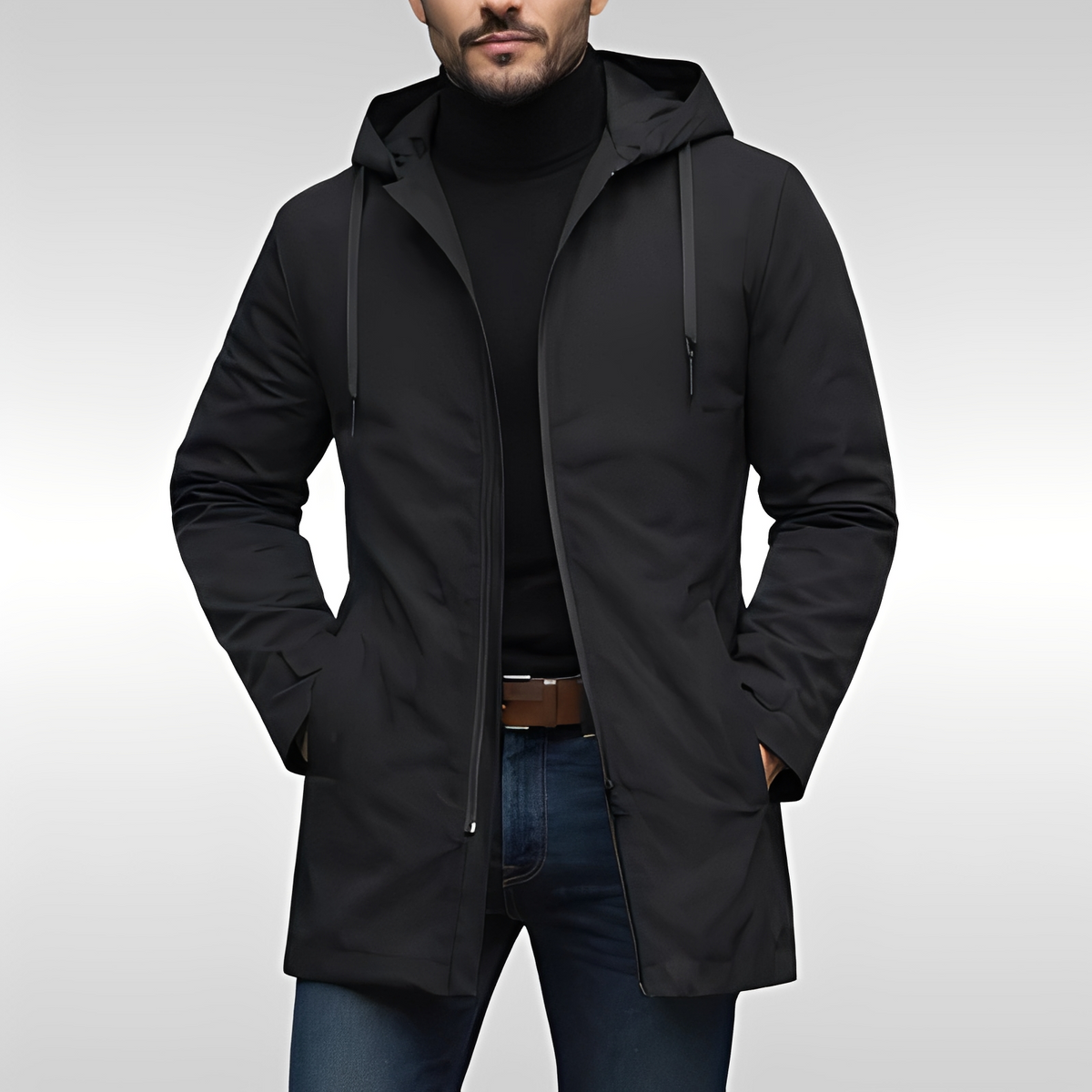 Mantel Herren mit Kapuze, mittellanger Mantel, Regularer Schnitt, Reißverschluss, Fronttaschen, innere Brusttasche, Diamant-Steppung im Innenfutter