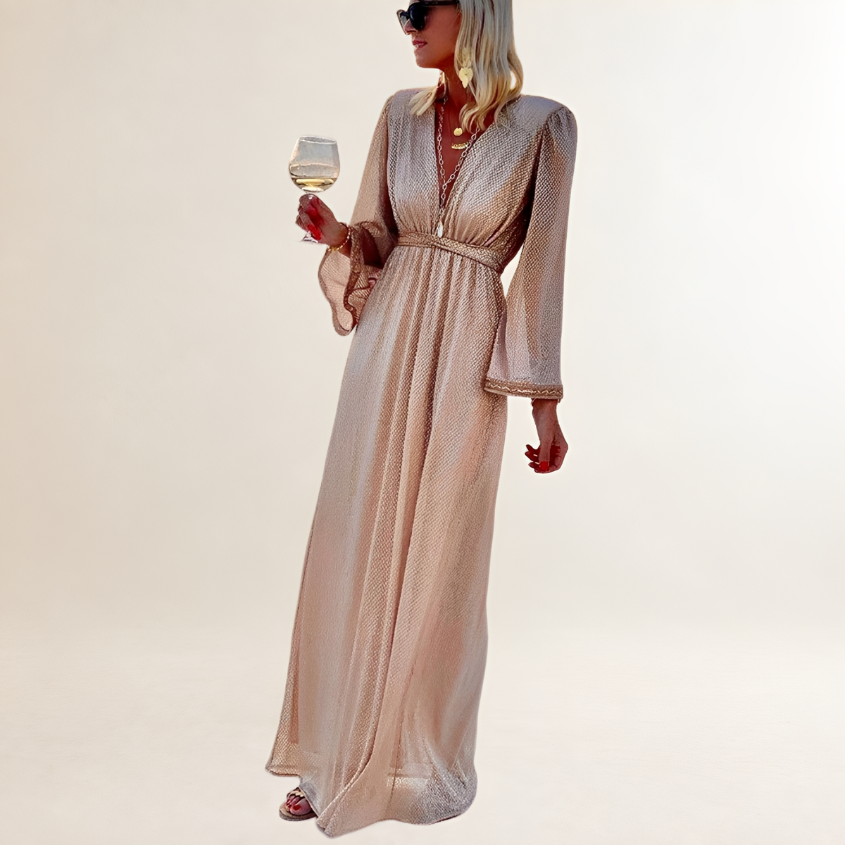 Maxikleid Damen V-Ausschnitt Glitzer Glockenärmel Empire-Taille