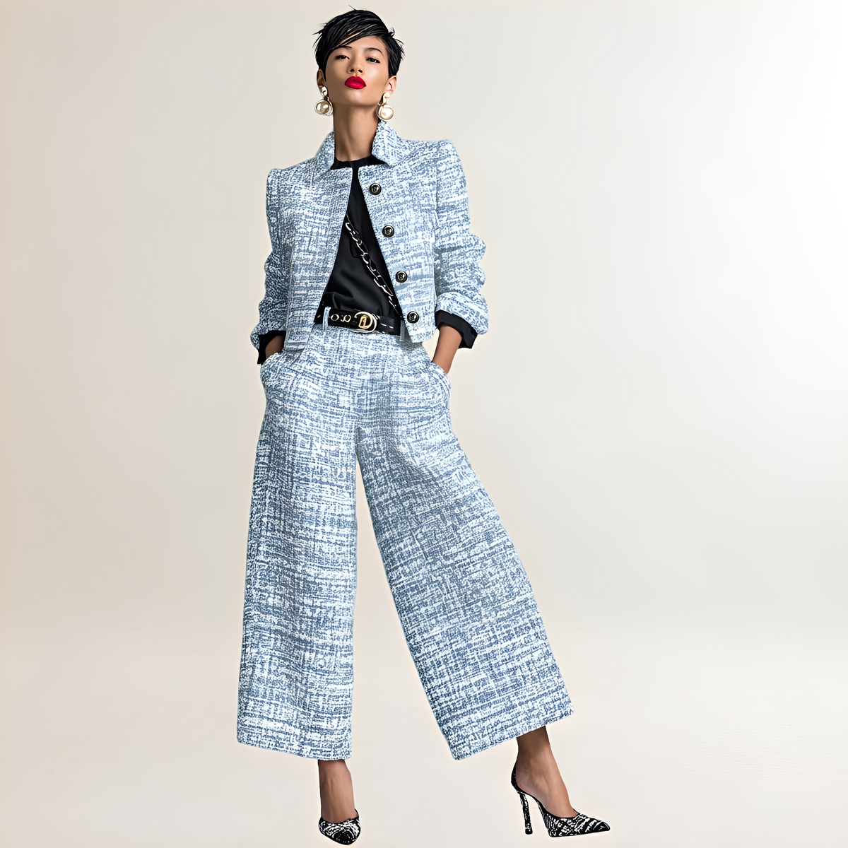 Zweiteiliges Damen-Set: knopffront-Kurzjacke und hoch taillierte Weitbein-Hose