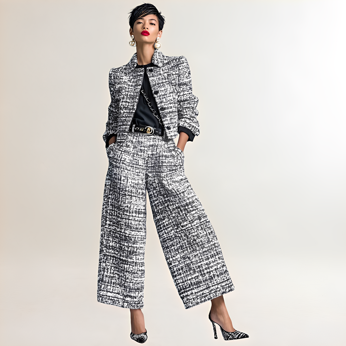 Zweiteiliges Damen-Set: knopffront-Kurzjacke und hoch taillierte Weitbein-Hose