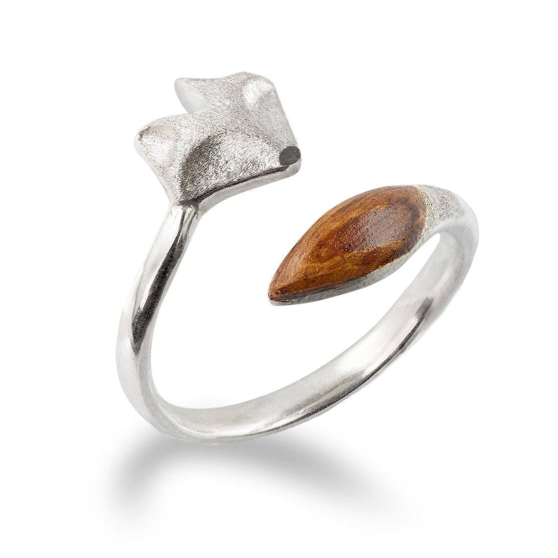 Einstellbarer Holzring - Ring mit Fuchs-Gesicht in Silber