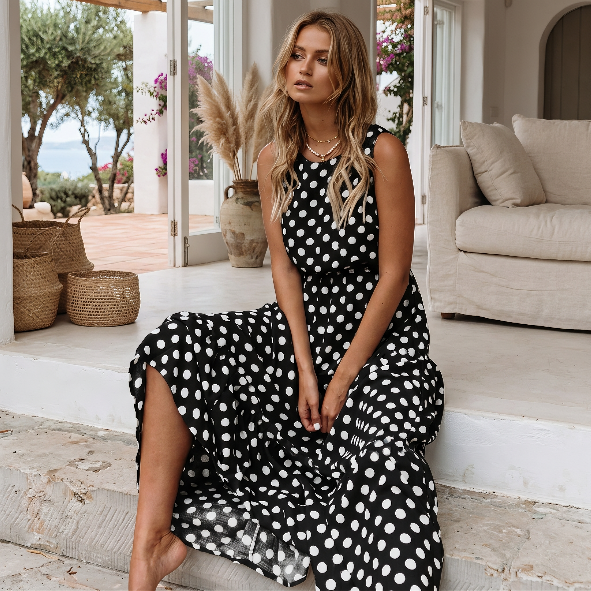 Edith - Weites ärmelloses Kleid mit Punktemuster