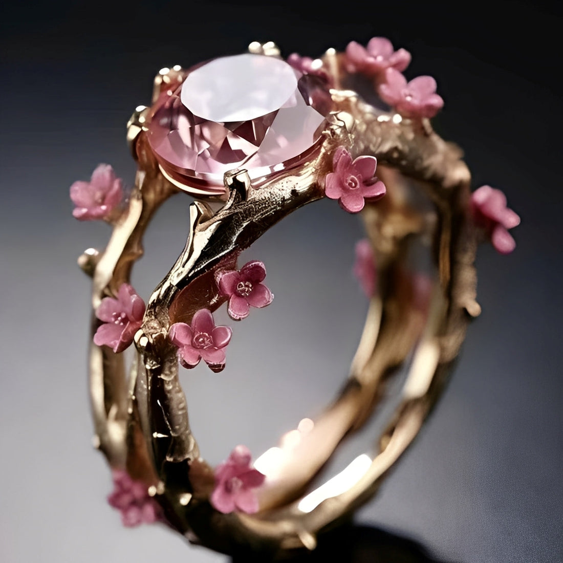 Elina – Verzauberter goldener Ring mit pinkem Kristall und Blumen