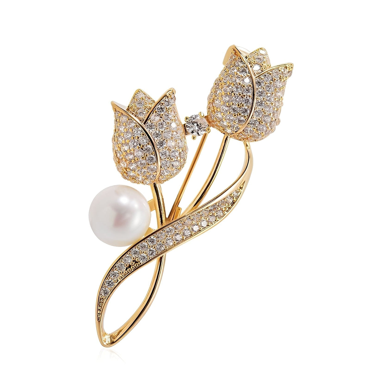 Jackie – Brosche mit goldfarbenem Tulpenmotiv, Zirkonia und Perle, Gold