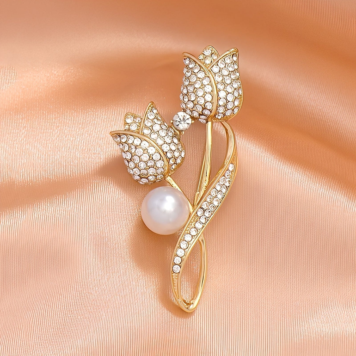 Jackie – Brosche mit goldfarbenem Tulpenmotiv, Zirkonia und Perle, Gold