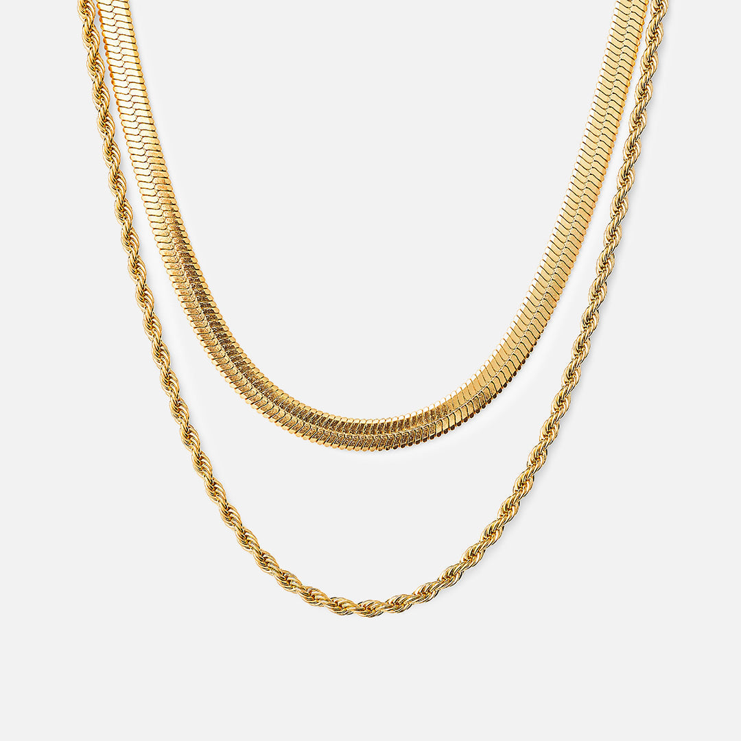 Tiana – Geflochtene Kette & flache Schlangenkette in 18K Gold